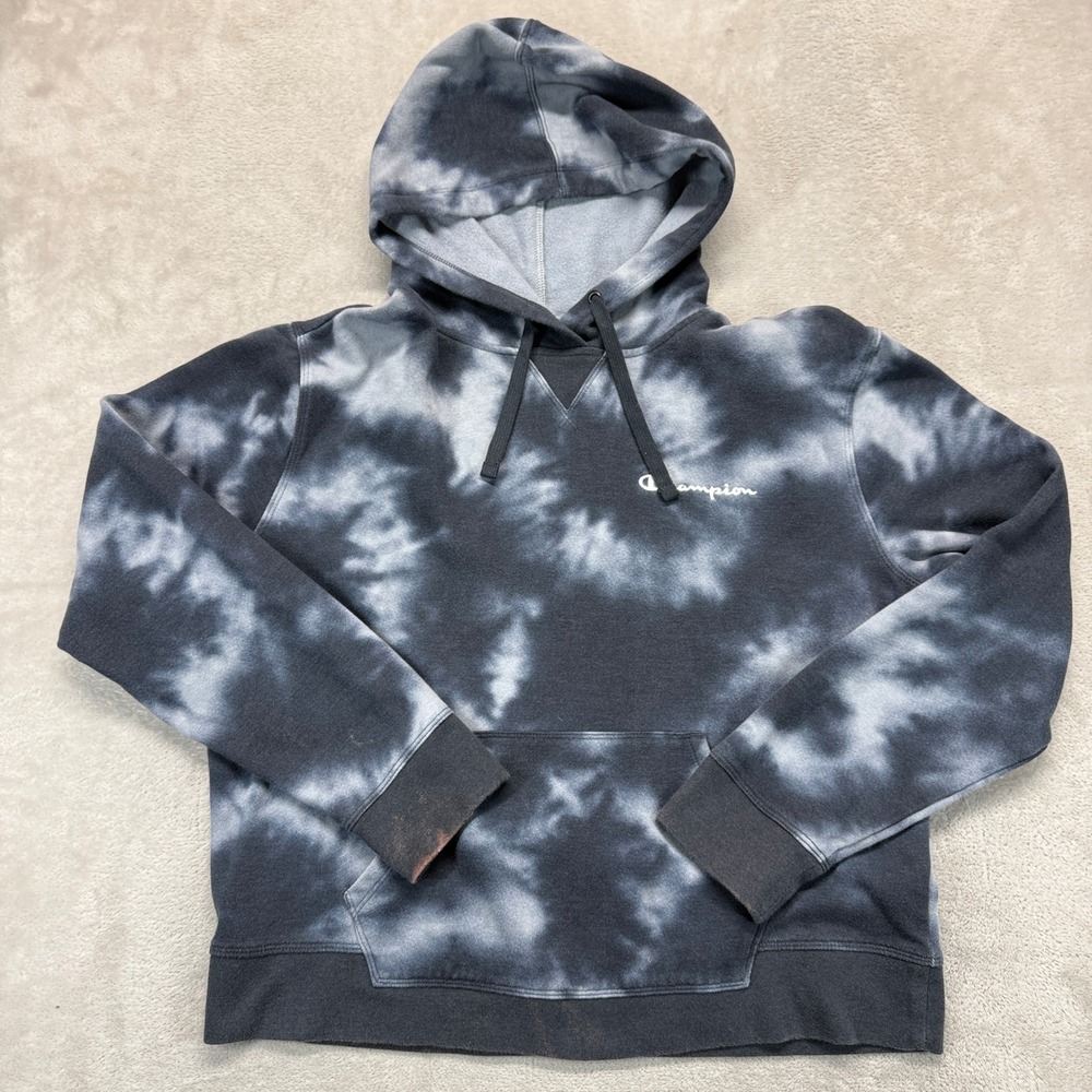 Champion Sweatshirt Womens Large Hoodie Black Gray Tie Dye Pullover Fleece Retro